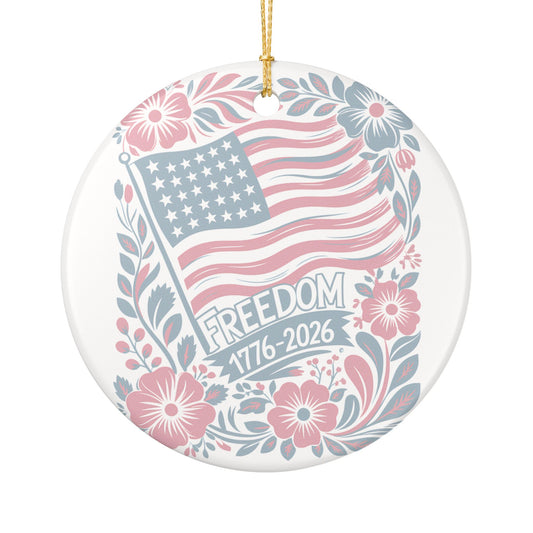 Freedom 1776-2026 Ceramic Ornament — Patriotic American Flag Floral Decoration   Item #31956