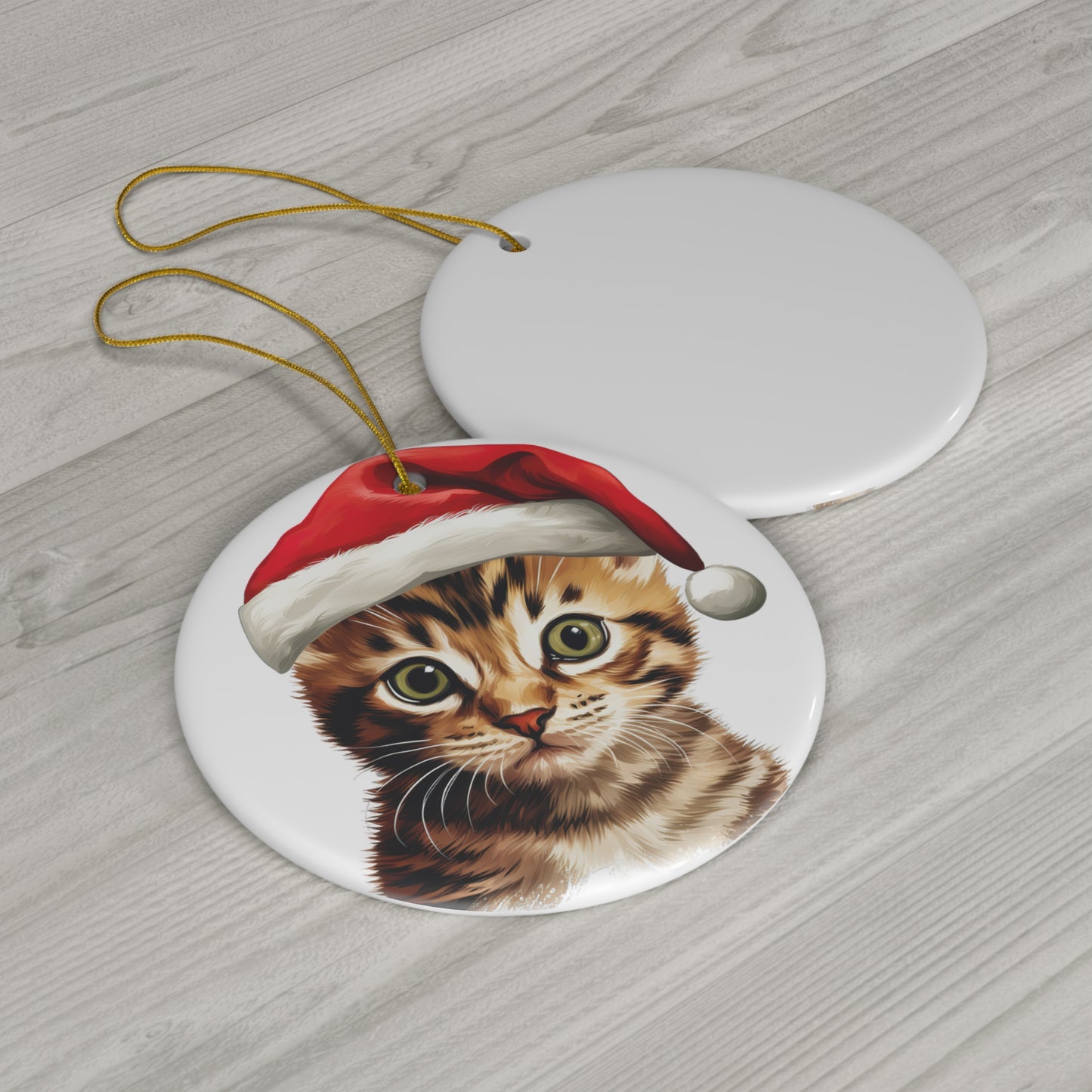 Ceramic Ornament - Bengal Kitten With Santa Hat      Item #39916