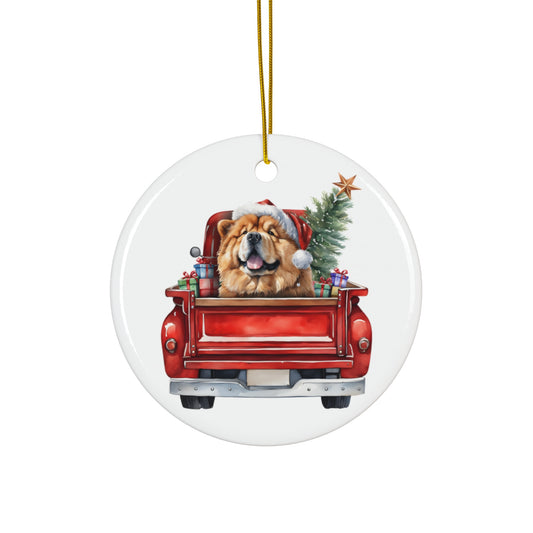 Chow Chow Christmas Dog In Red Truck Ceramic Disc Ornament         Item #1804332