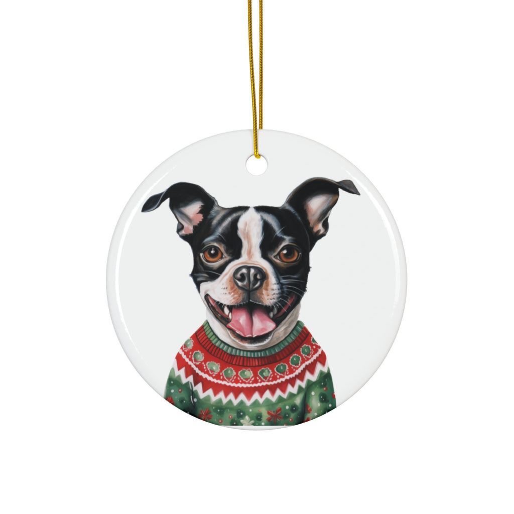 Dog With Christmas Sweater Ceramic Disc Ornament        Item #701713