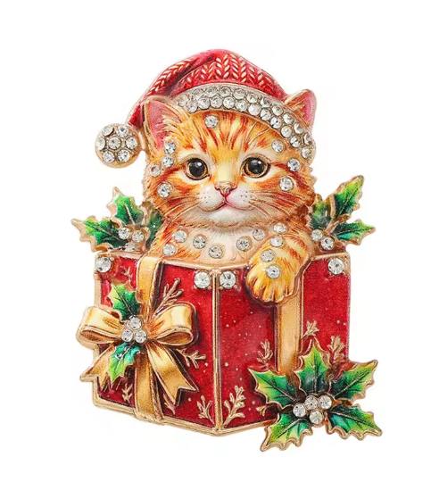 Santa’s Creations™ Christmas Cat Brooch Pin, Cute Kitten in Red Gift Box with Santa Hat, Rhinestone Holiday Jewelry, Festive Christmas Gift for Cat Lovers   Item #335251