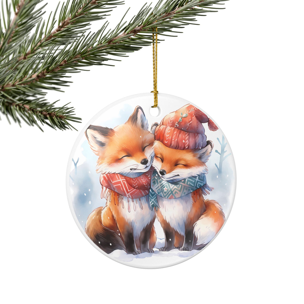 Ceramic Christmas Ornament with Cozy Winter Foxes   Item #59213