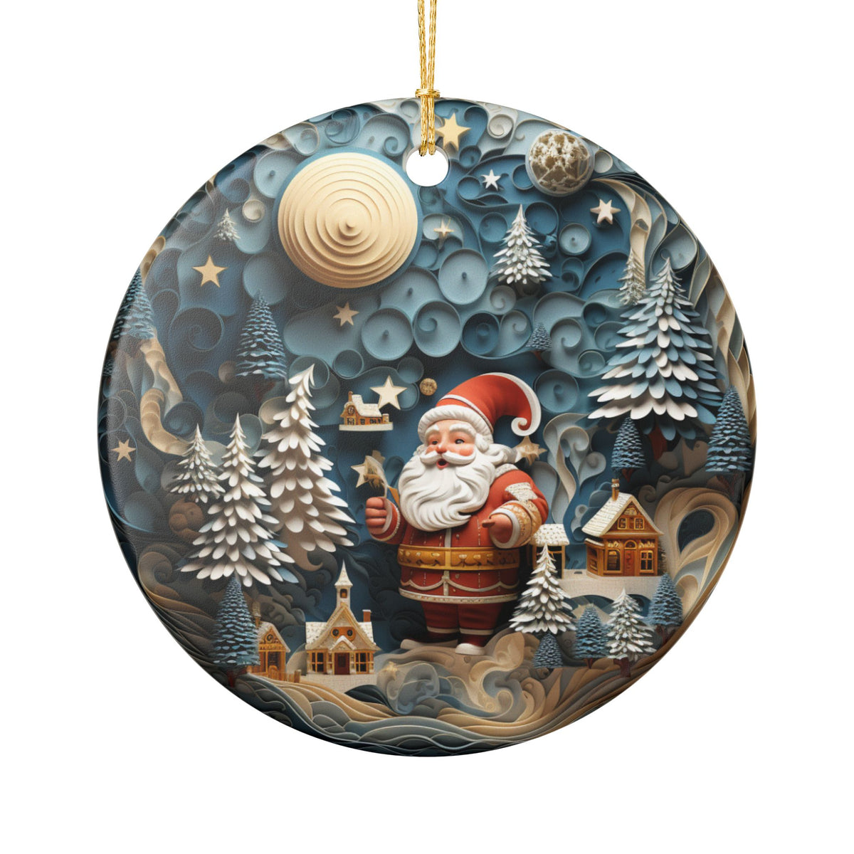 Ceramic Christmas Ornament with Santa, Winter Village & Snowy Forest Design   Item #478394