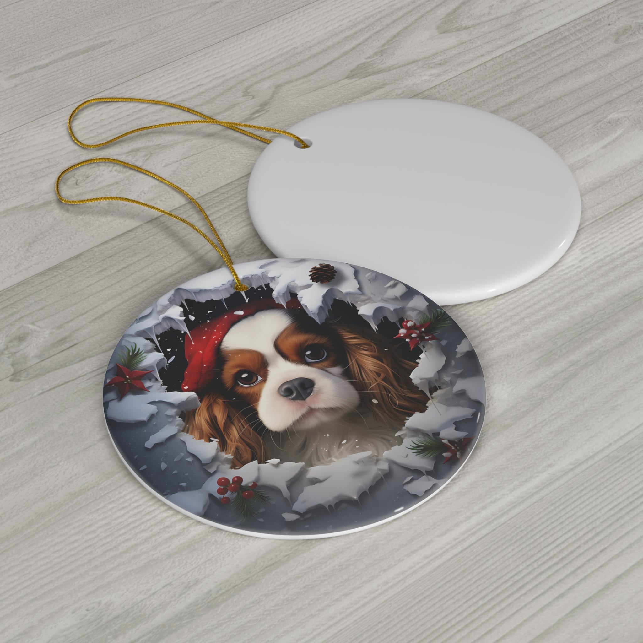 3D Dog With Santa Hat Breaking Out Ceramic Disc Ornament            Item #688284