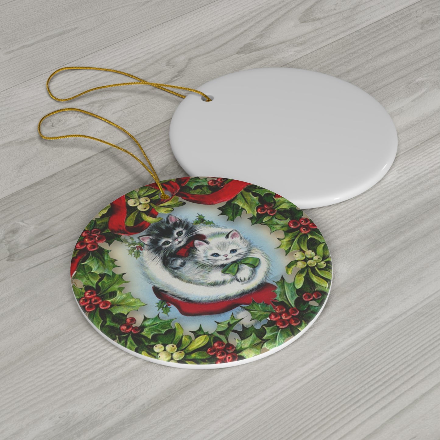 Wreath Cats Ceramic Disc Ornament           Item #290146