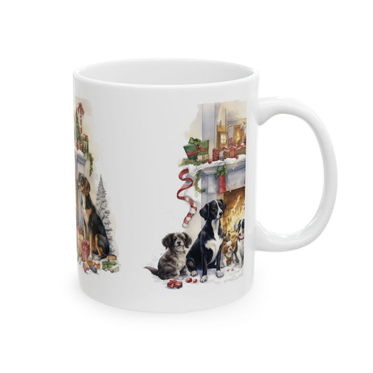 Christmas Dogs Ceramic Mug — Holiday Fireplace Scene 11oz   Item #945524