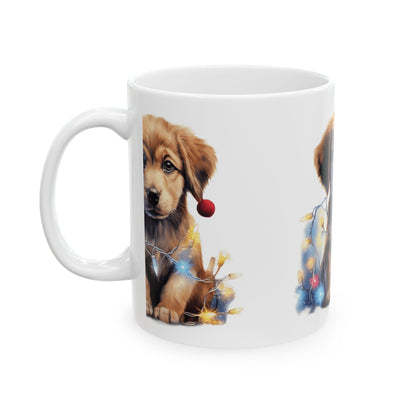 Christmas Puppy Ceramic Mug — Cute Dog with Holiday Lights 11oz   Item #197116