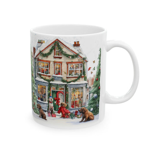 Christmas Village With Dogs Ceramic Mug with Decorated Trees and Cozy Winter Scene 11oz   Item #712165