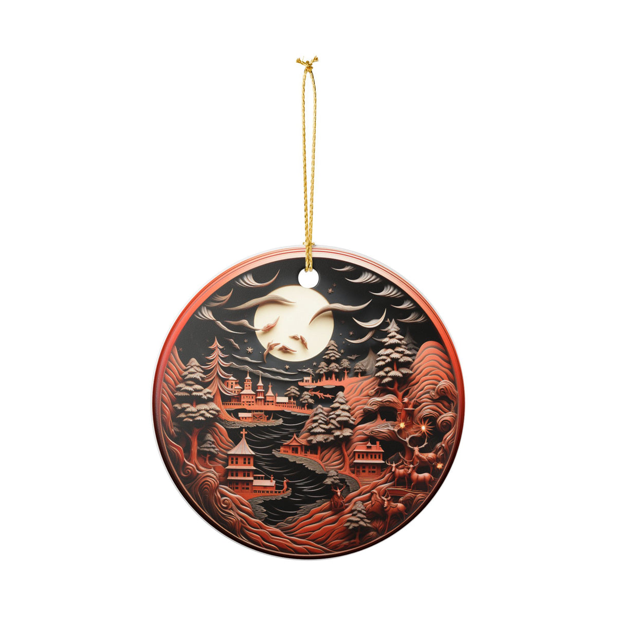 Ceramic Ornament – Enchanted Moonlit Mountain Village Holiday Decor   Item #317359