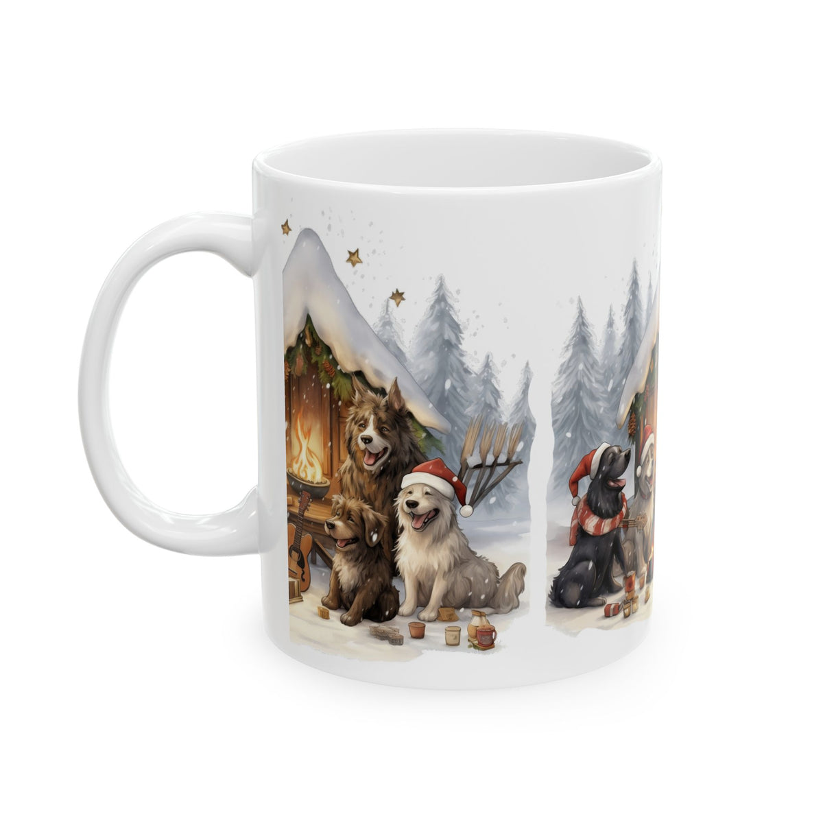 Holiday Cabin Dogs Ceramic Mug — Cozy Winter Christmas Dog Coffee Cup 11oz   Item #425803