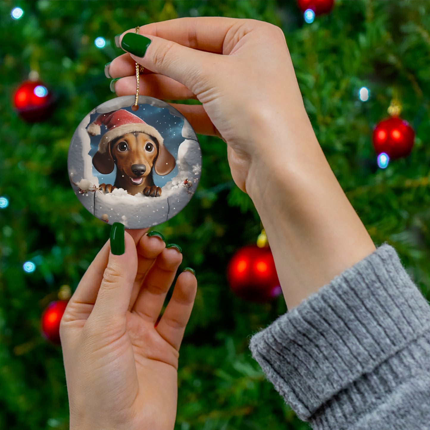 3D Dog With Santa Hat Breaking Out Ceramic Disc Ornament          Item #1628427