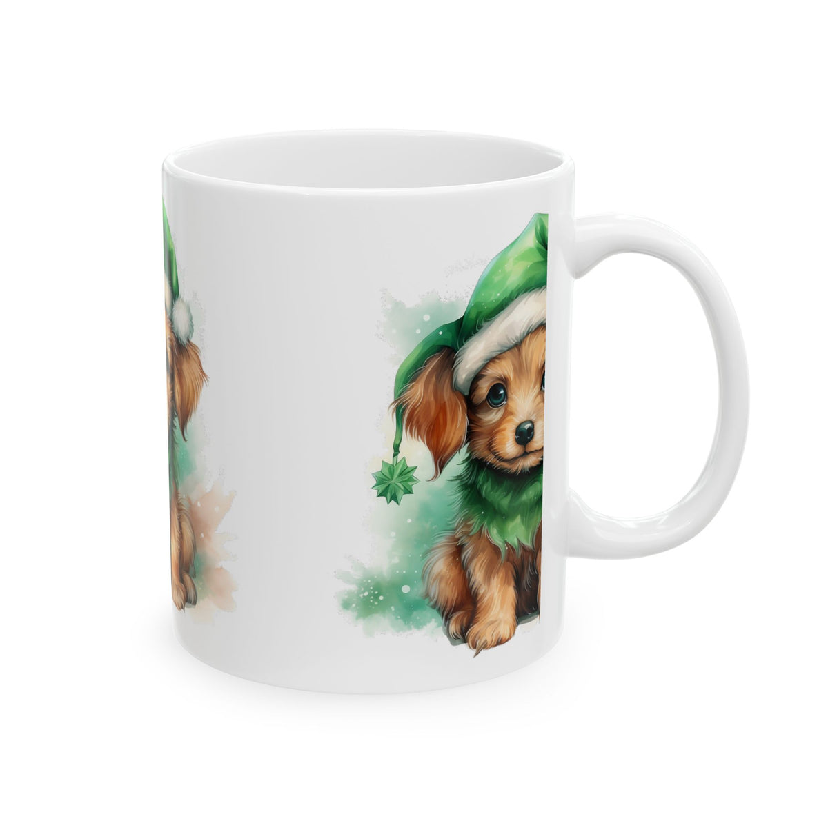 Cute Puppy Christmas Mug — Adorable Dog in Green Santa Hat 11oz  Item #664681