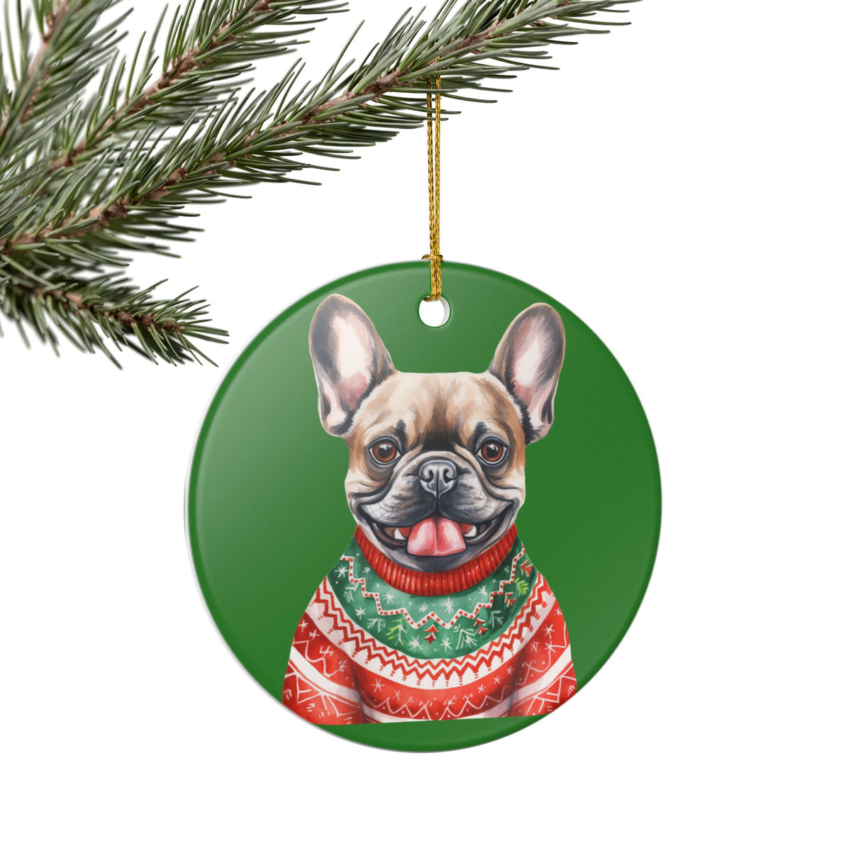 Festive French Bulldog With Santa Hat & Sweater Christmas Ornament   Item #166129