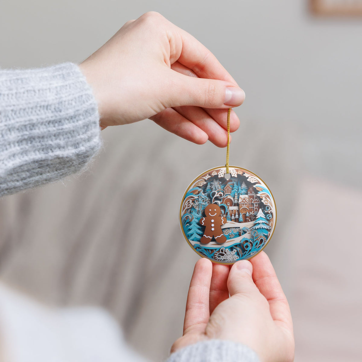 Ceramic Christmas Ornament with Gingerbread Man and Winter Wonderland Design   Item #214363