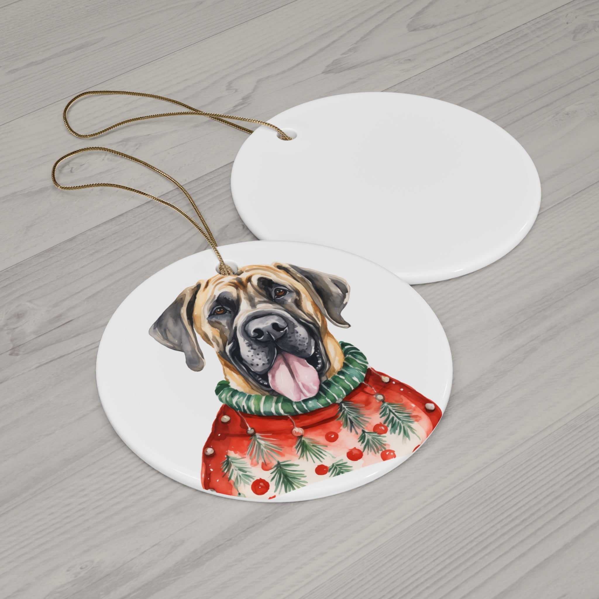Dog With Christmas Sweater Ceramic Disc Ornament             Item #8941171
