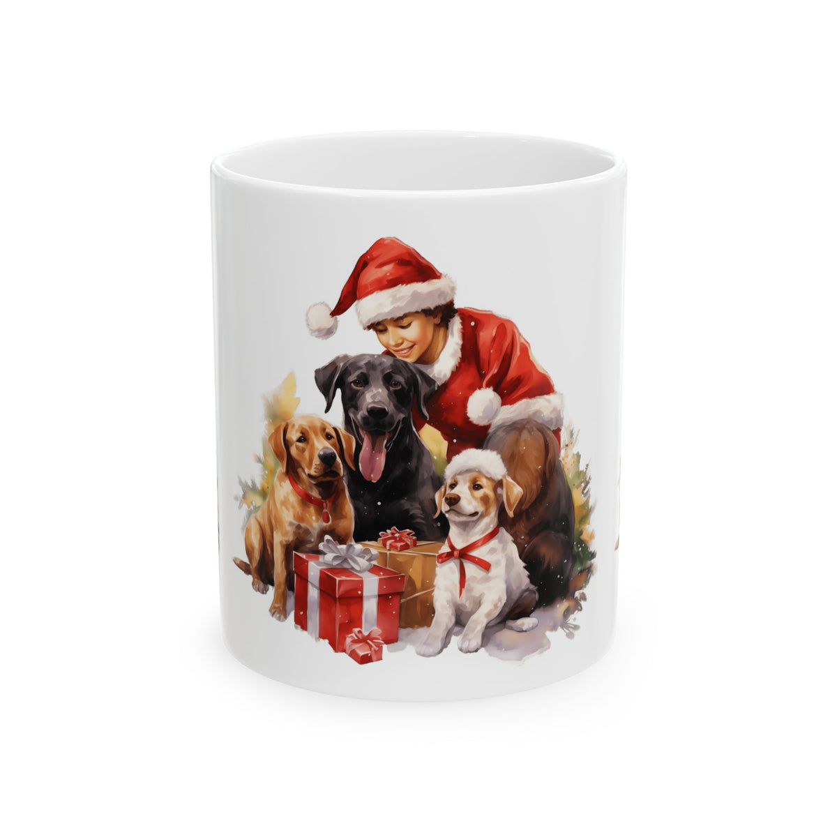 Christmas Dog Mug – Santa Boy with Puppies Holiday Ceramic Coffee Cup 11oz  Item #59981