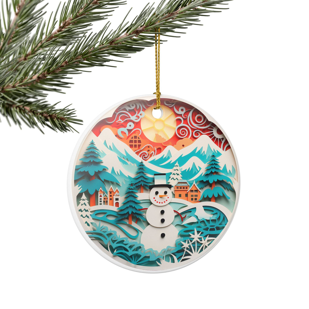 Ceramic Christmas Ornament – Winter Wonderland Snowman Mountain Scene   Item #826779