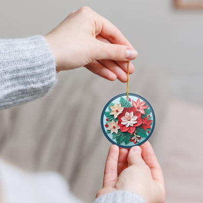 Ceramic Christmas Ornament with Colorful Poinsettia Floral Design   Item #610797