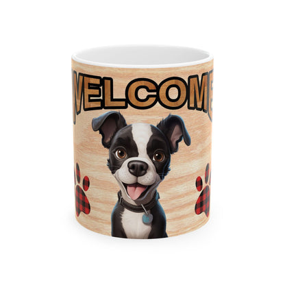 Welcome Dog Illustration Ceramic Mug – Cute Paw Print Coffee Cup 11oz    Item #110574