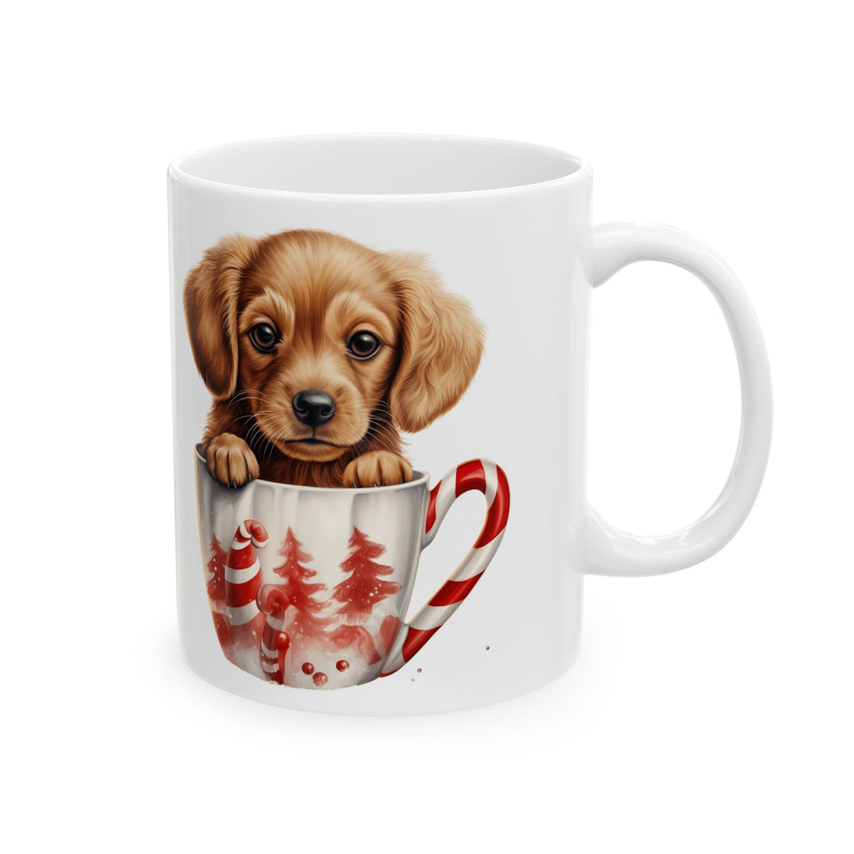 Christmas Dog Sitting In A Christmas Cup with Candy Cane Handle Christmas Mug 11oz   Item #397737