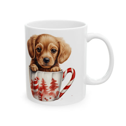 Christmas Dog Sitting In A Christmas Cup with Candy Cane Handle Christmas Mug 11oz   Item #397737