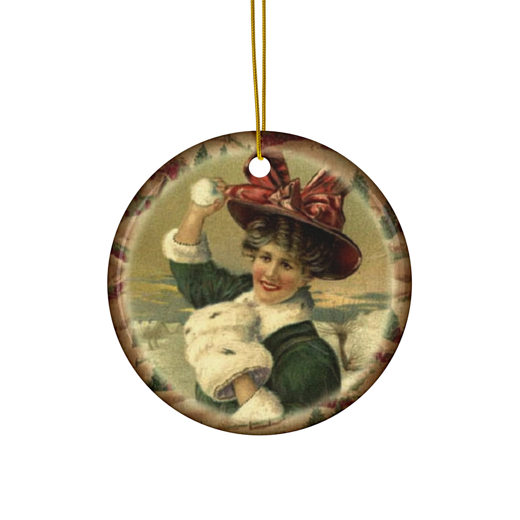 Woman With Snowball Ceramic Disc Ornament        Item #488508 - Buckshot's Bargain Barn