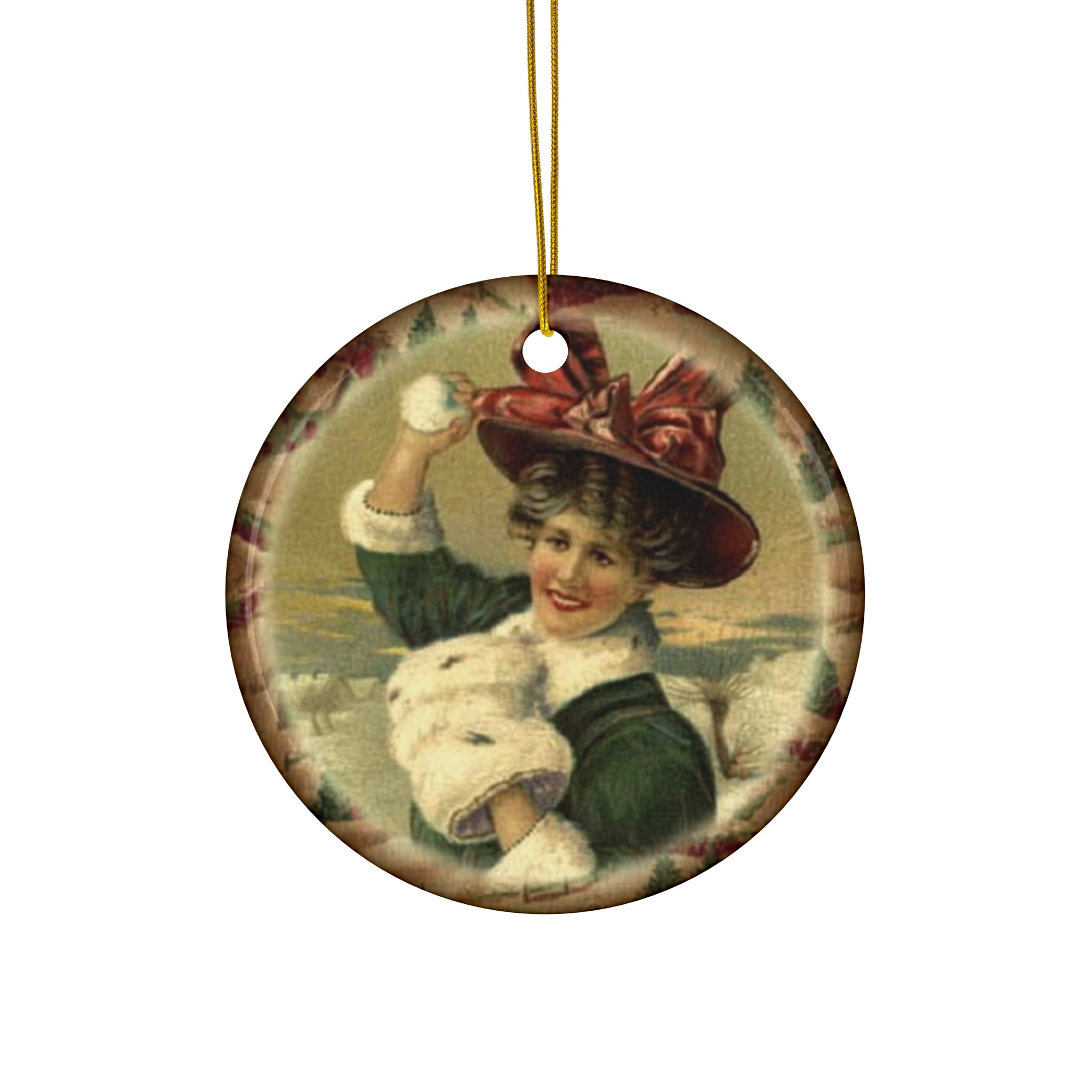 Woman With Snowball Ceramic Disc Ornament        Item #488508 - Buckshot's Bargain Barn