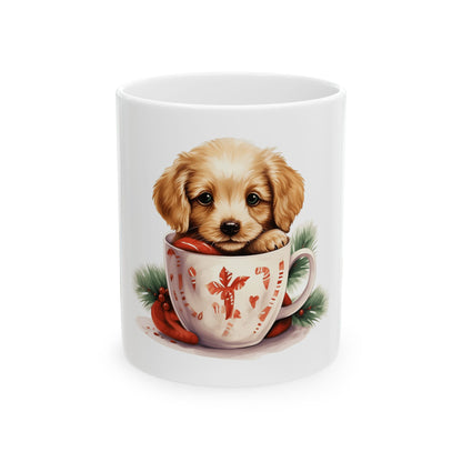 Cute Puppy in Holiday Teacup Mug — Christmas Puppy Ceramic Coffee Cup 11oz  Item #70807