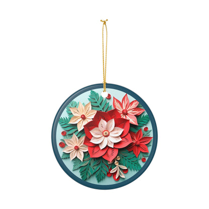 Ceramic Christmas Ornament with Colorful Poinsettia Floral Design   Item #610797