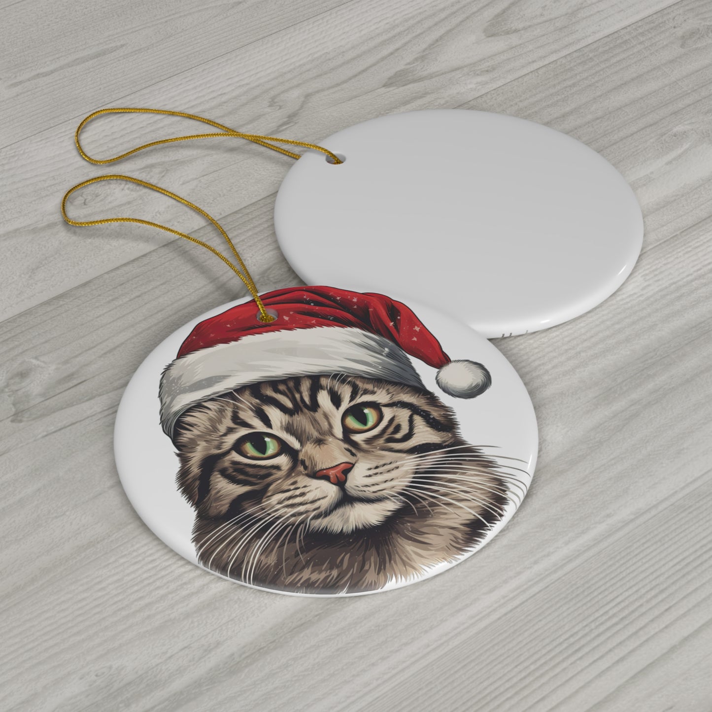 California Spangled Cat With Santa Hat Ceramic Ornament      Item #177382