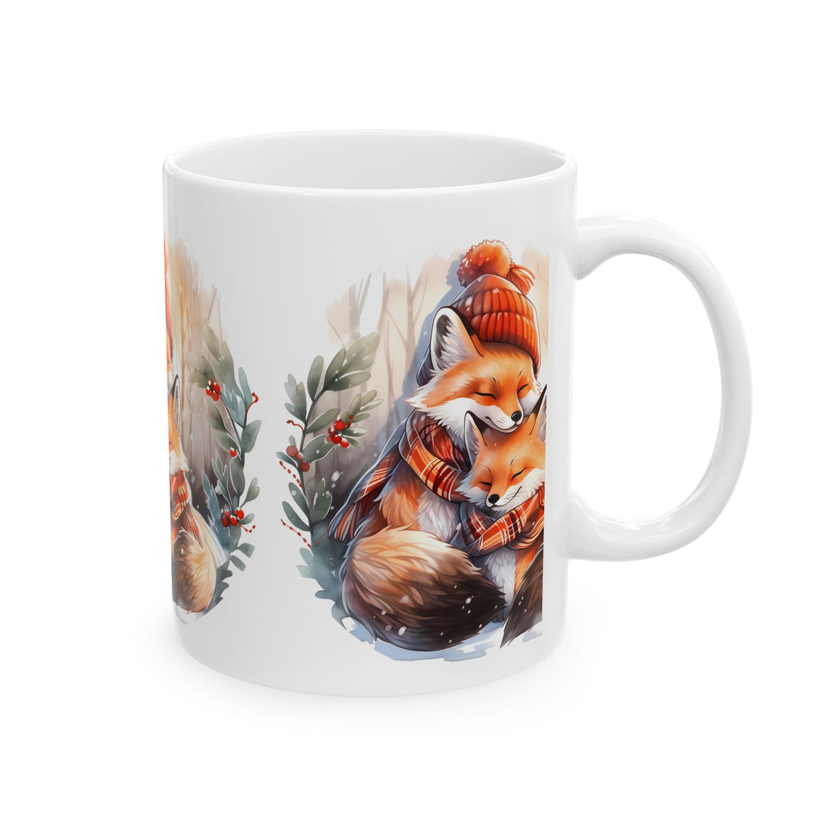 Cozy Winter Foxes Ceramic Mug – Cute Mom & Kit Hugging Tea Coffee Cup 11oz    Item #120643