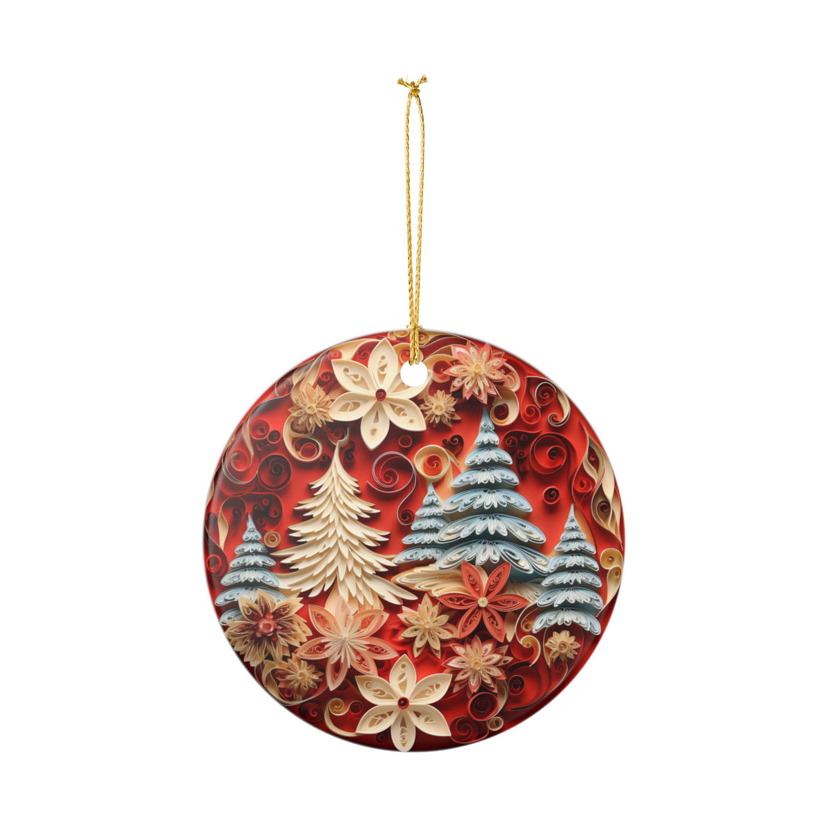 Christmas Ceramic Ornament with Festive Trees and Poinsettias   Item #232561