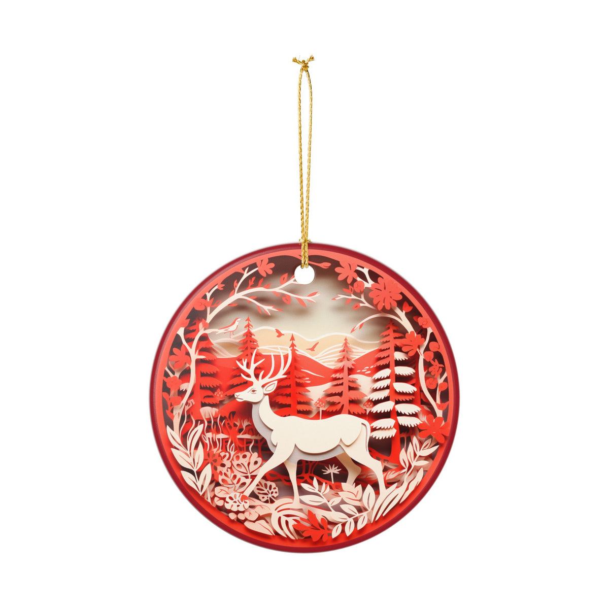 Ceramic Christmas Ornament – Red Reindeer Forest Holiday Decoration   Item #928701