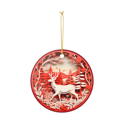 Ceramic Christmas Ornament – Red Reindeer Forest Holiday Decoration   Item #928701