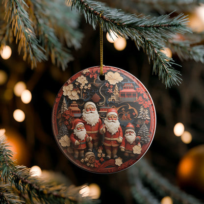 Ceramic Christmas Ornament with Santa Family and Asian-Inspired Holiday Scene    Item #332918