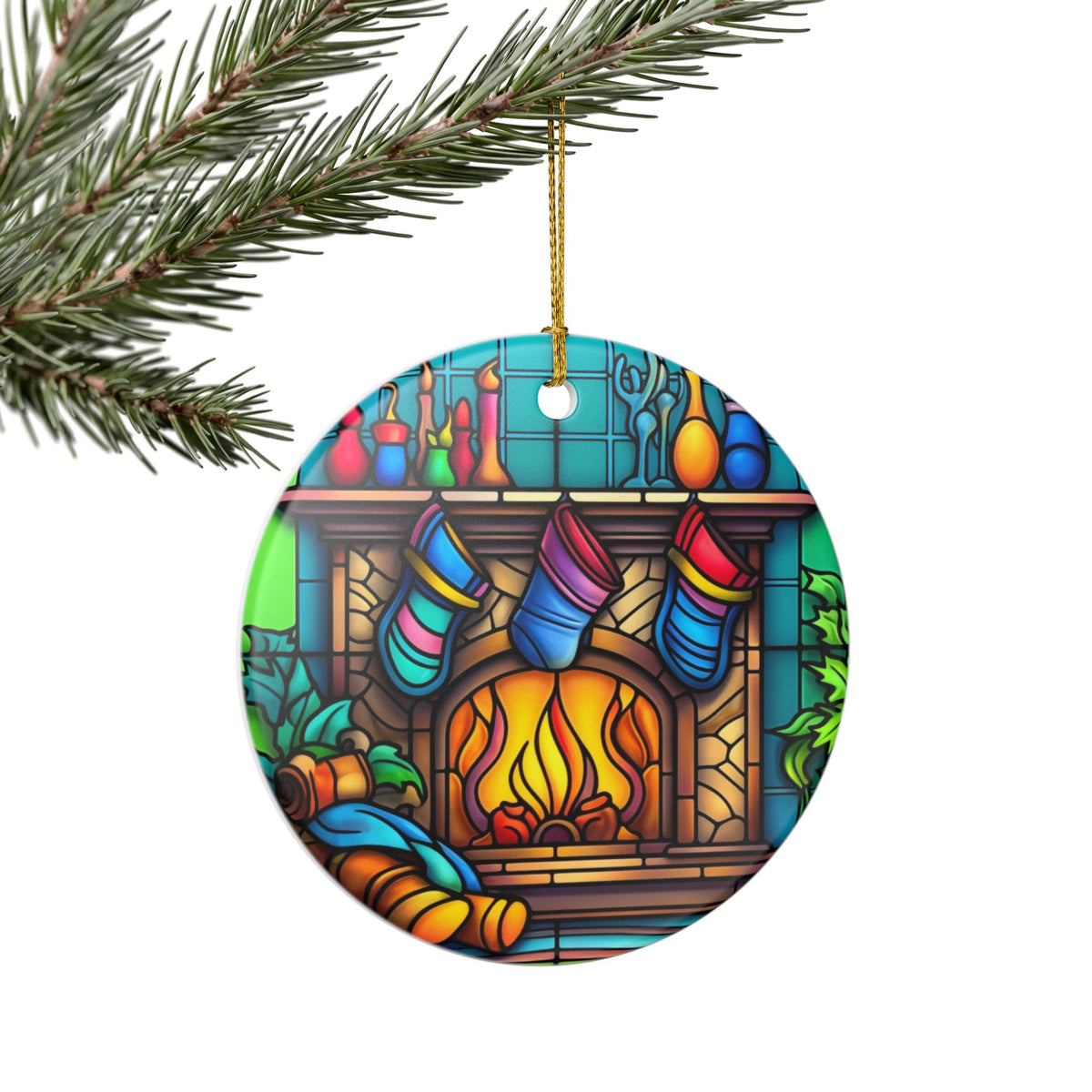 Stained Glass Christmas Fireplace Ceramic Ornament   Item #873986