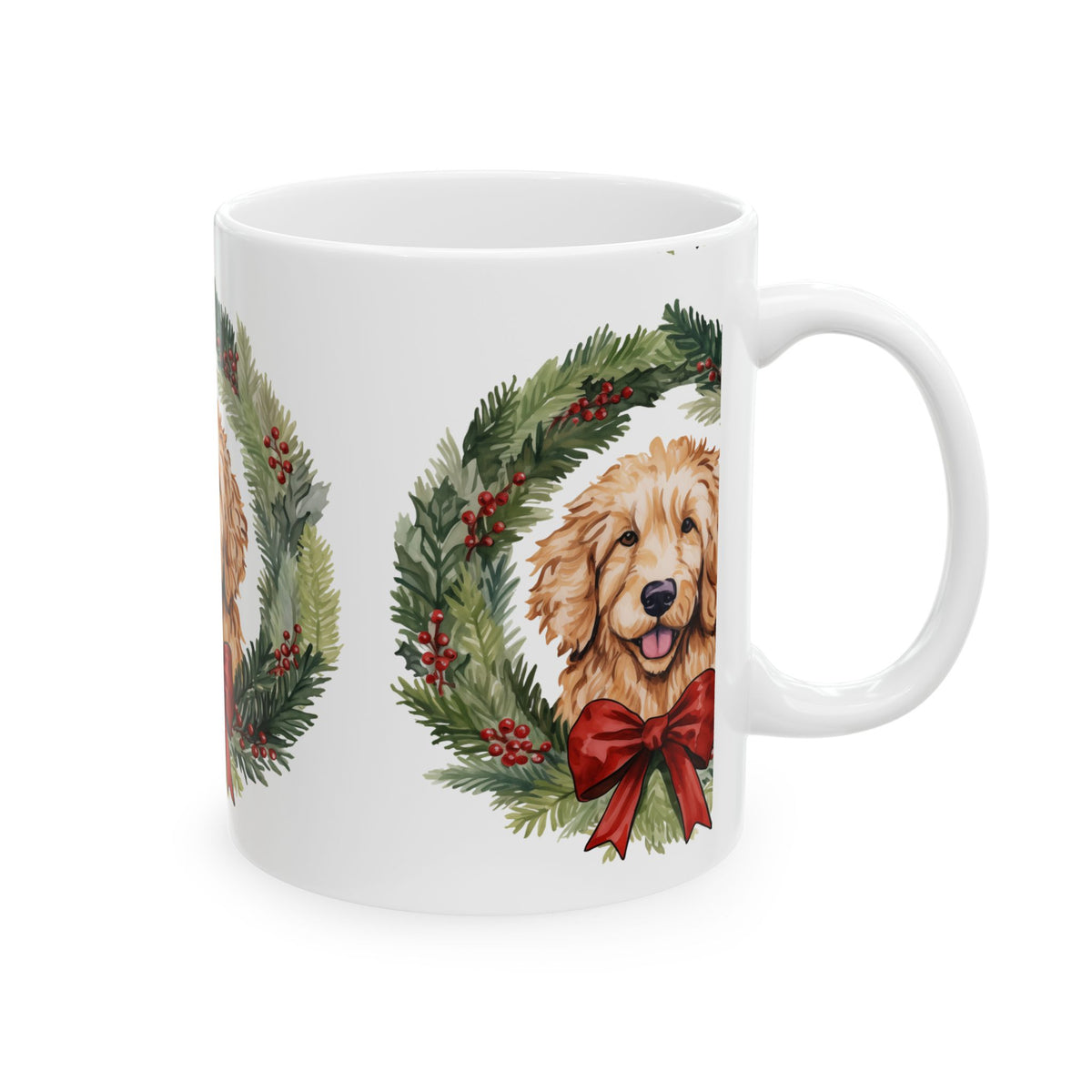 Golden Doodle Christmas Mug — Holiday Wreath with Red Bow 11oz  Item #505705
