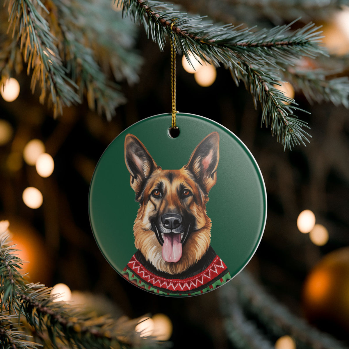 German Shepherd With Festive Sweater Christmas Ceramic Ornament  Item #671386