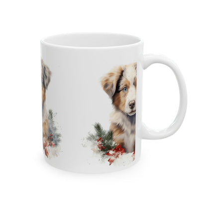 Holiday Aussie Shepherd Puppy Mug — Cute Christmas Dog Ceramic Coffee Cup 11oz  Item #160359