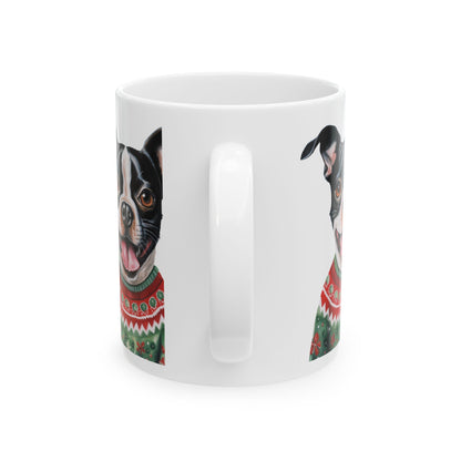 Boston Terrier Christmas Mug – Dog in Festive Sweater Ceramic Coffee Cup 11oz   Item #530089