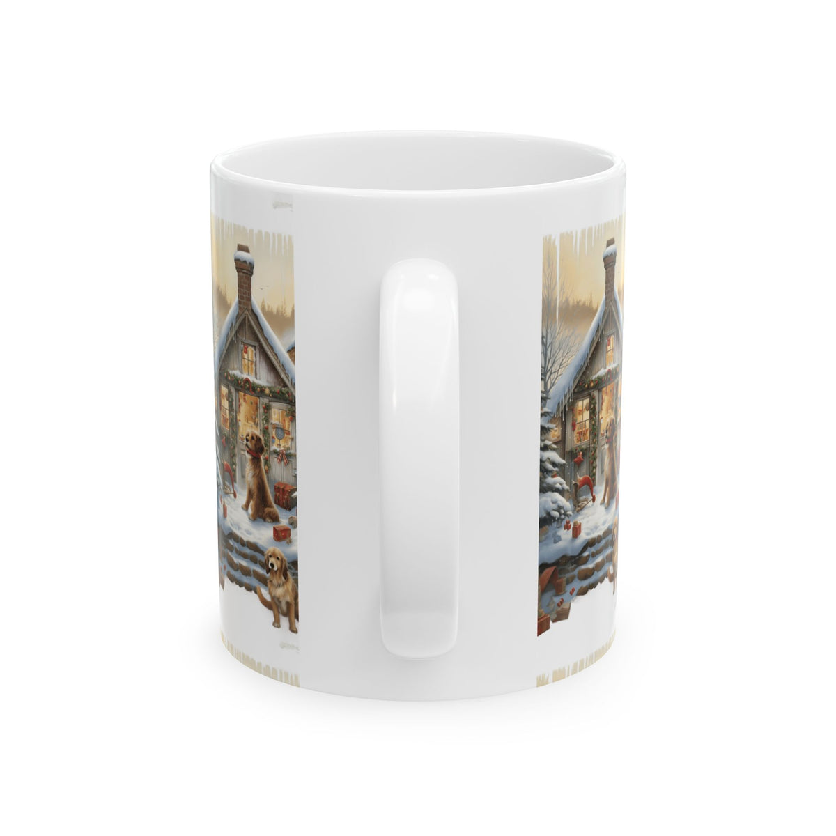 Winter Cabin Dogs Ceramic Mug — Cozy Snowy Cottage Holiday Coffee Cup 11oz   Item #418791