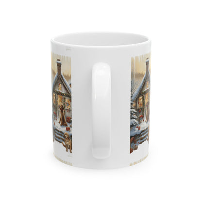 Winter Cabin Dogs Ceramic Mug — Cozy Snowy Cottage Holiday Coffee Cup 11oz   Item #418791