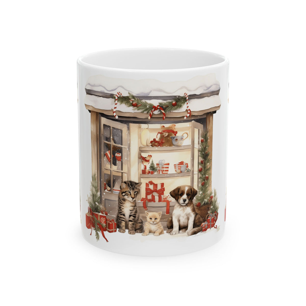 Holiday Pet Shop Ceramic Mug — Cute Puppies & Kittens Christmas Coffee Mug 11oz   Item #740918