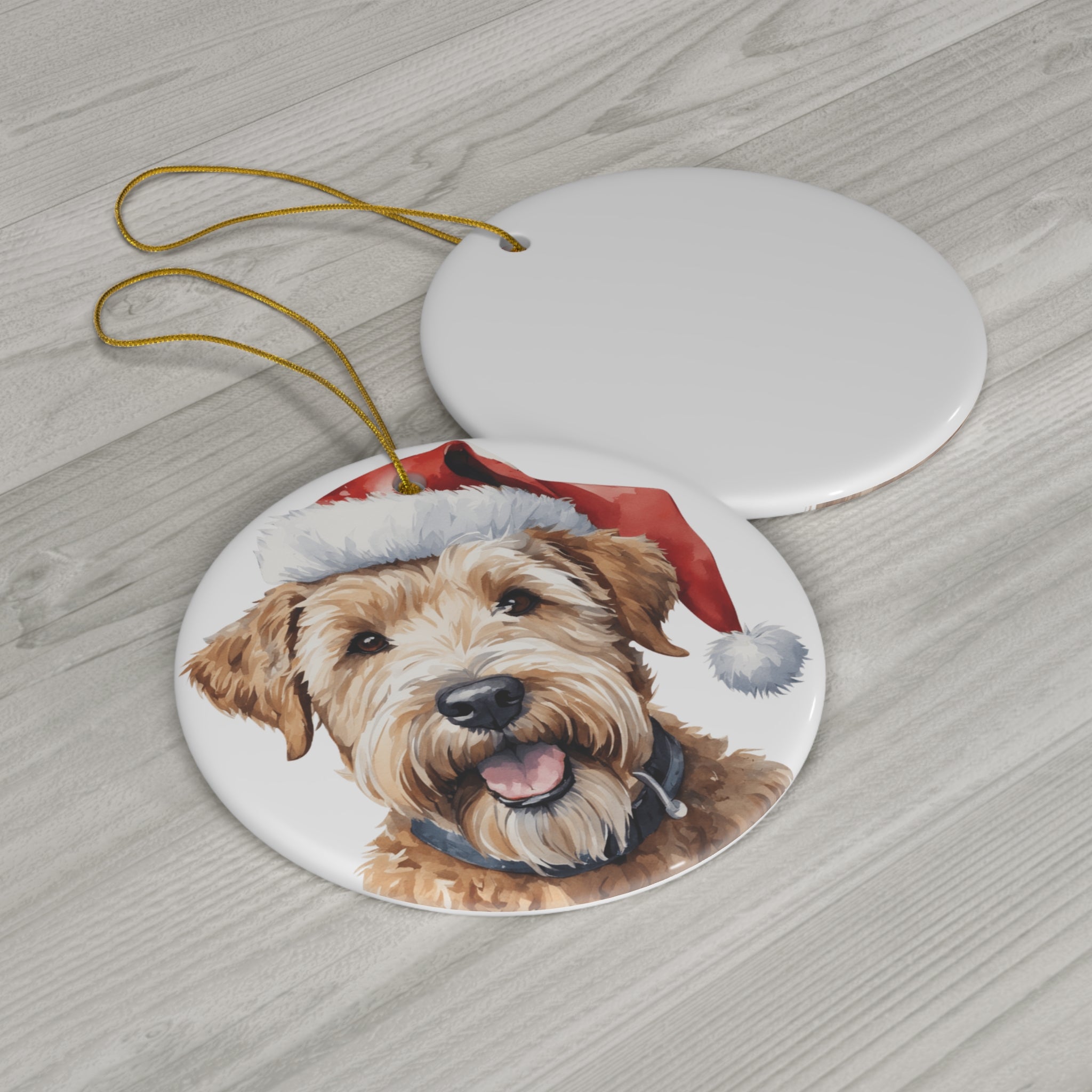 Soft Coated Wheaten Terrier Dog With Santa Hat Ceramic Disc Ornament        Item #1201887