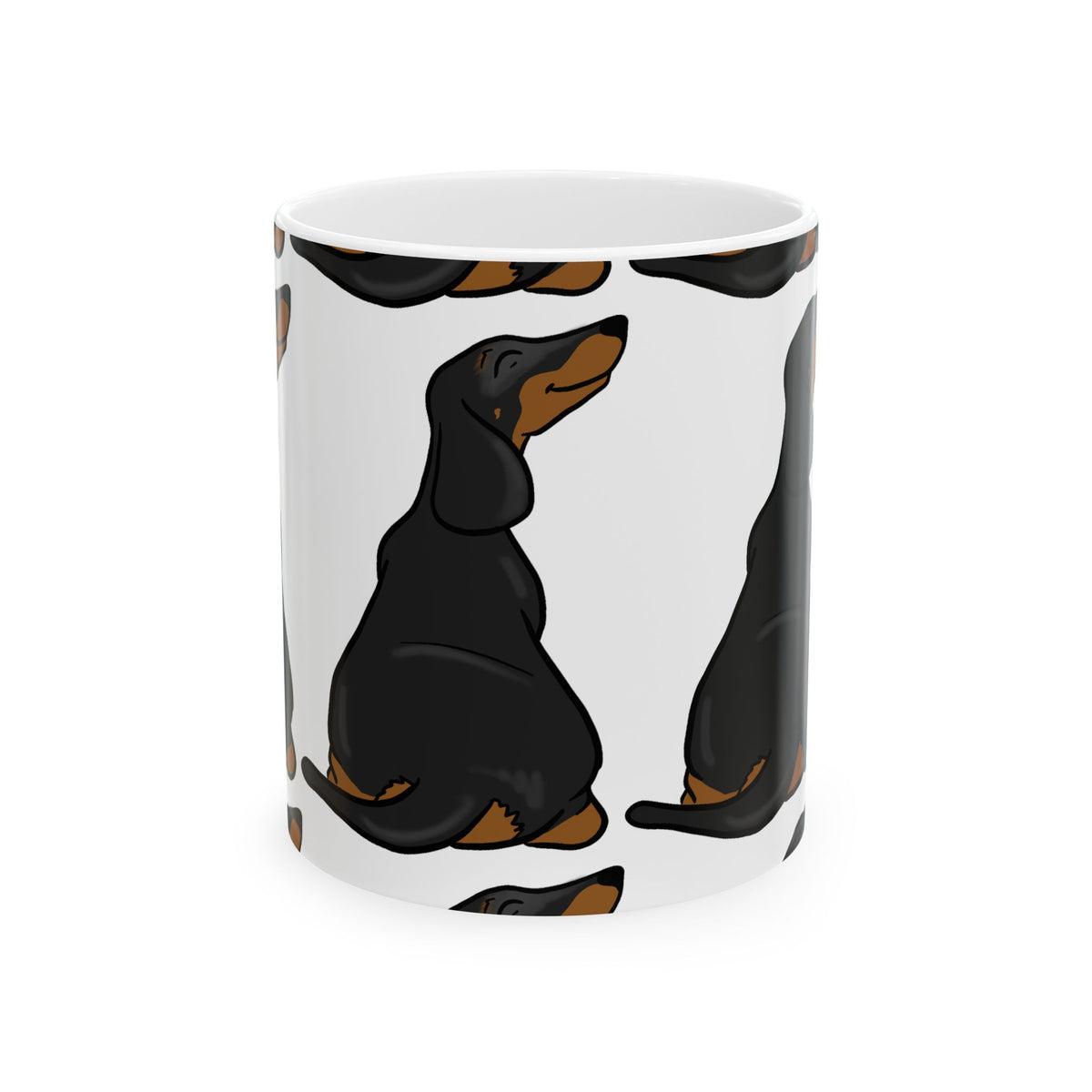 Dachshund Pattern Ceramic Mug — Cute Black & Tan Sausage Dog Coffee Cup 11oz   Item #989303