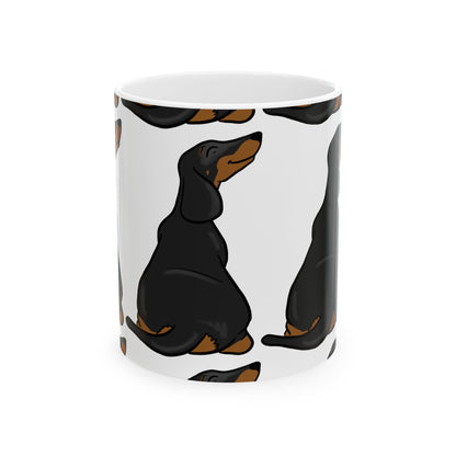 Dachshund Pattern Ceramic Mug — Cute Black & Tan Sausage Dog Coffee Cup 11oz   Item #989303