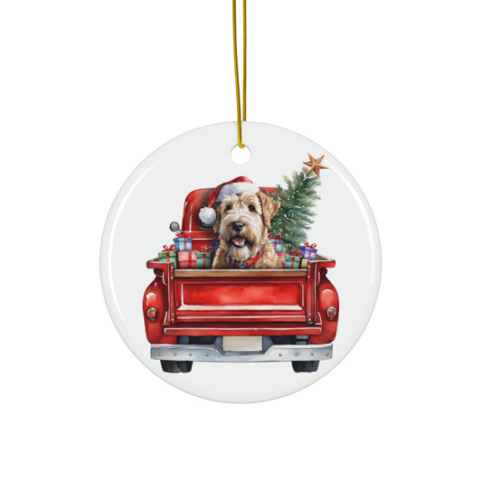 Soft Coated Wheaten Terrier Christmas Dog In Red Truck Ceramic Disc Ornament        Item #466323