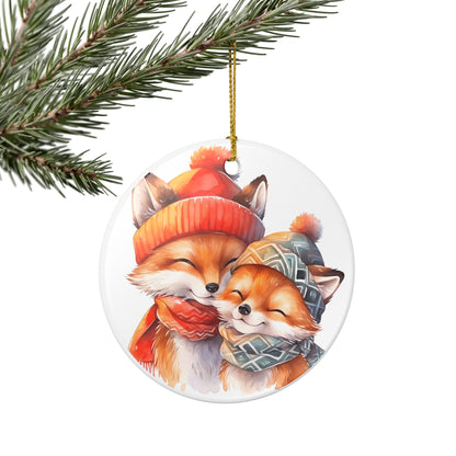 Ceramic Ornament with Cozy Winter Foxes   Item #52451