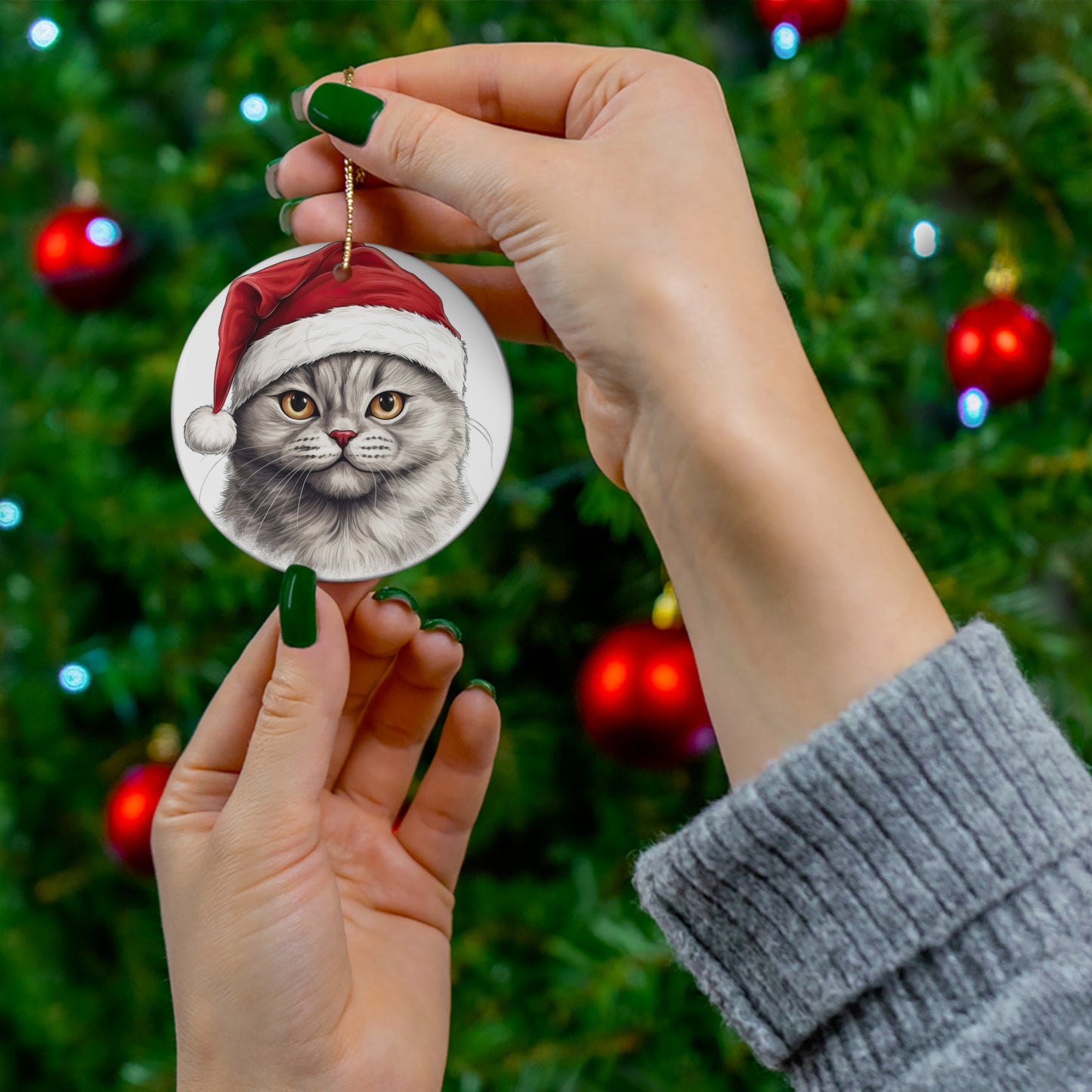 Scottish Fold Cat With Santa Hat Ceramic Ornament     Item #183398