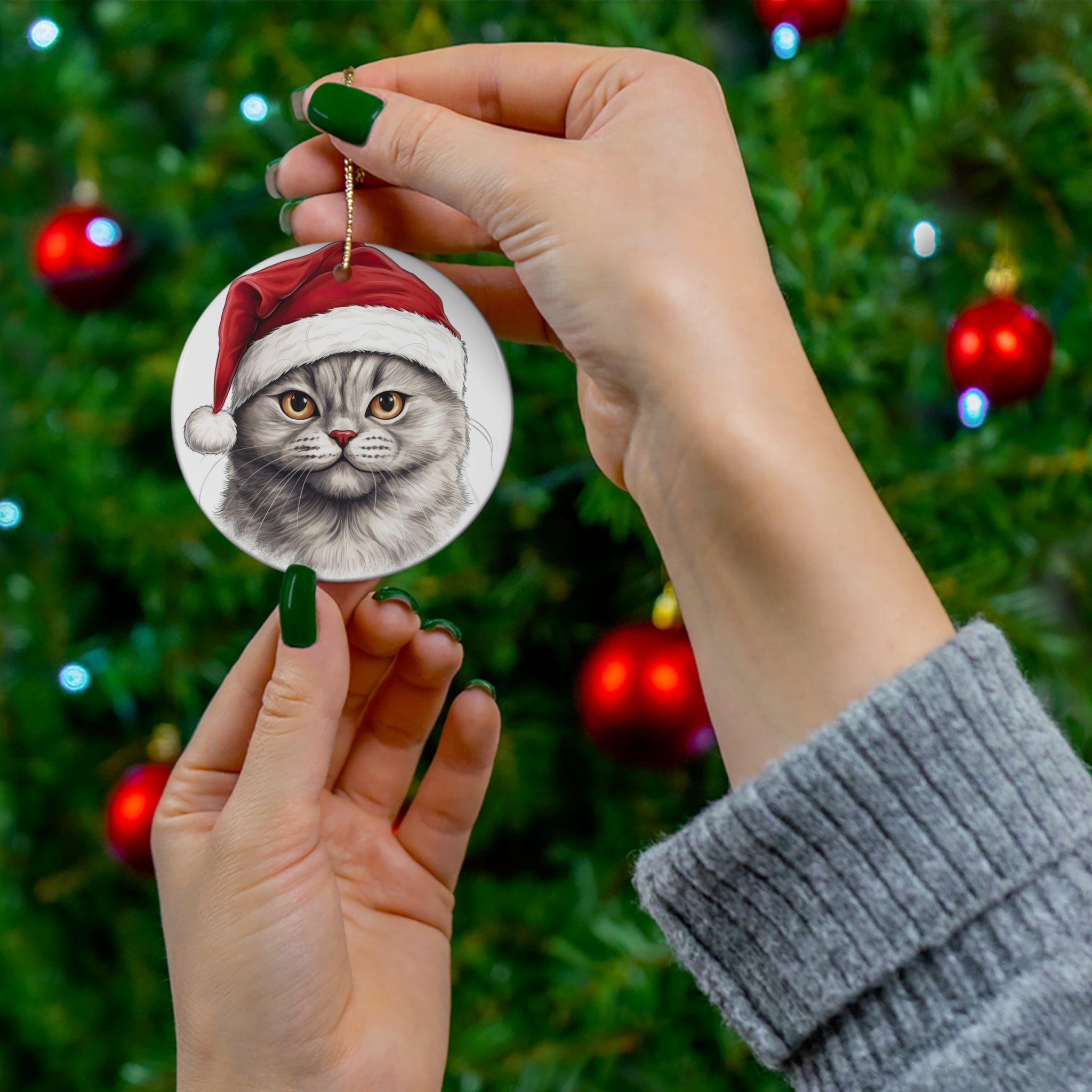Scottish Fold Cat With Santa Hat Ceramic Ornament     Item #183398